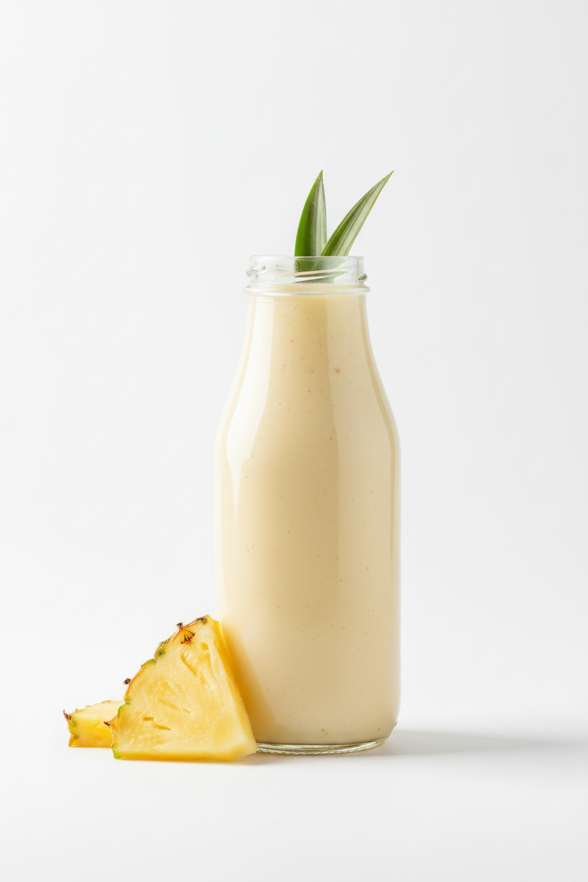 Pineapple flavoured soya beverage without company and in glass bottle